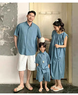 Family Matching Clothes for Brother Sister Mom Daughter Blue Dress Dad Son Clothing Korean Children Two Piece Set Couples Outfit