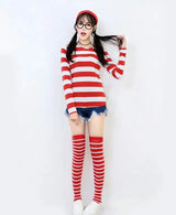 Waldo Book Week Fancy Dress Where's Wally Family Matching Parent-Child Costume Red White Stripe Shirt +Hat +Glasses Girls Boys - Mein Shop