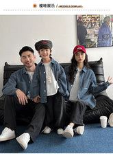 Family Cotton Denim Shirts Parent-child Fashion Clothes Mother and Daughter Jacket Korean Father and Son Same Stripe Coat Tops - Mein Shop