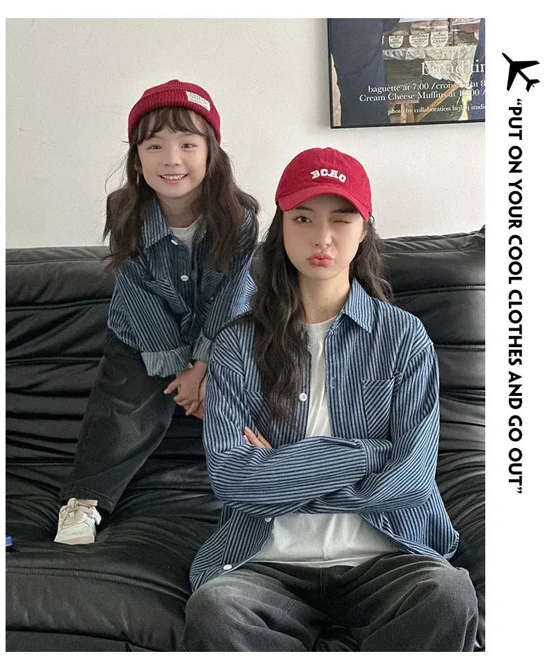 Family Cotton Denim Shirts Parent-child Fashion Clothes Mother and Daughter Jacket Korean Father and Son Same Stripe Coat Tops - Mein Shop