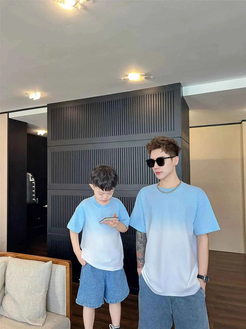 Family Fashion Beach Mother Father and Girl Boy Blue Clothes Vacation Look Mom Daughter Holiday Dress Korean Dad Son T Shirts