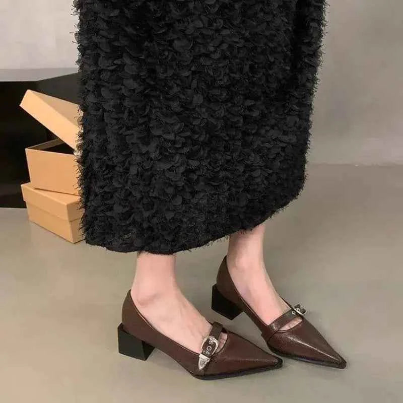 2025 Women Shoe Fashion Pointed High Heel Single Shoe Trend New Retro Spring Belt Buckle French Elegant Banquet Dress Shoes