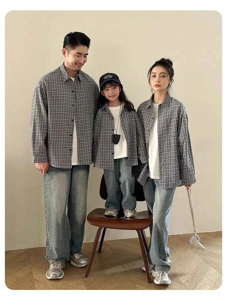 Matching Family Plaid Shirts Dad Mom and Boys Girls Fashion Clothes Korean Father Mother and Daughter Son Same Clothing Jacket