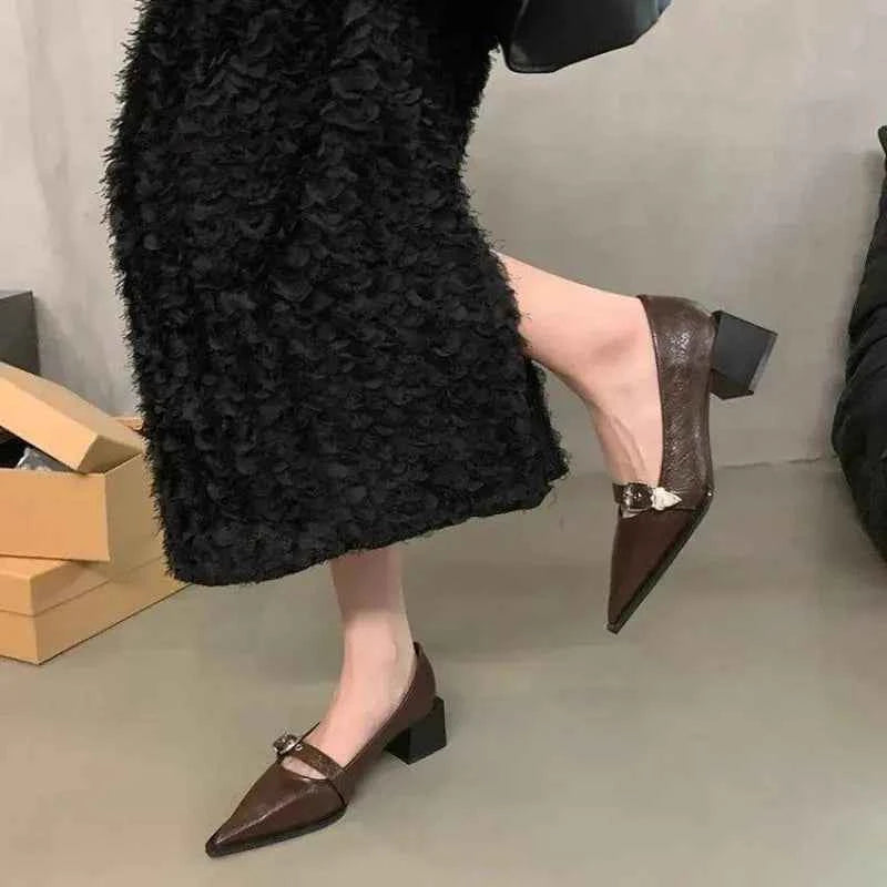 2025 Women Shoe Fashion Pointed High Heel Single Shoe Trend New Retro Spring Belt Buckle French Elegant Banquet Dress Shoes