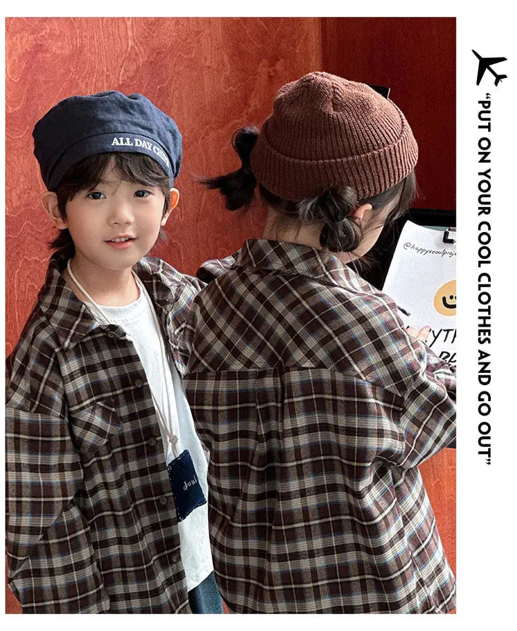 Equal Family Plaid Shirts Autumn Father Mother and Daughter Son Same Long Sleeve Tops Korean Vintage Parent-child Jacket Coat - Mein Shop