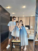Family Fashion Beach Mother Father and Girl Boy Blue Clothes Vacation Look Mom Daughter Holiday Dress Korean Dad Son T Shirts
