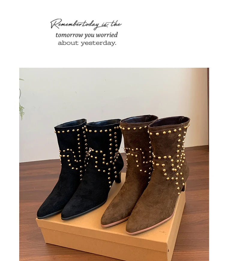 New Trend 2025 Autumn and Winter Rivet Fashion High Heel Chelsea Boots Pointed and Nude Boots High Heels Stiletto Western Boots