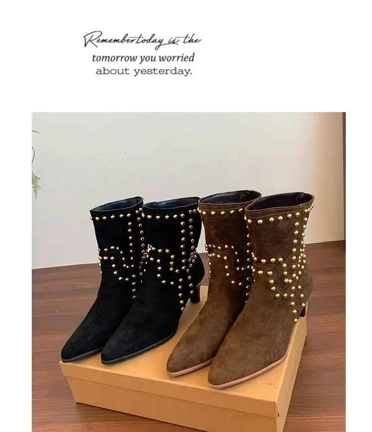 New Trend 2025 Autumn and Winter Rivet Fashion High Heel Chelsea Boots Pointed and Nude Boots High Heels Stiletto Western Boots