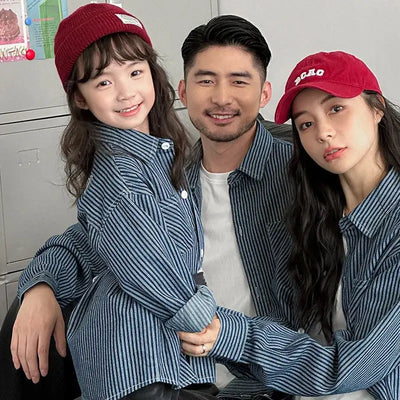 Family Cotton Denim Shirts Parent-child Fashion Clothes Mother and Daughter Jacket Korean Father and Son Same Stripe Coat Tops - Mein Shop