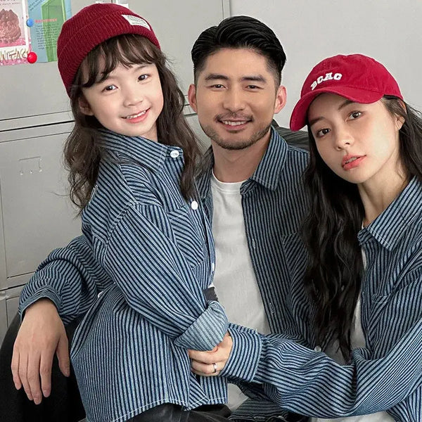 Family Cotton Denim Shirts Parent-child Fashion Clothes Mother and Daughter Jacket Korean Father and Son Same Stripe Coat Tops - Mein Shop