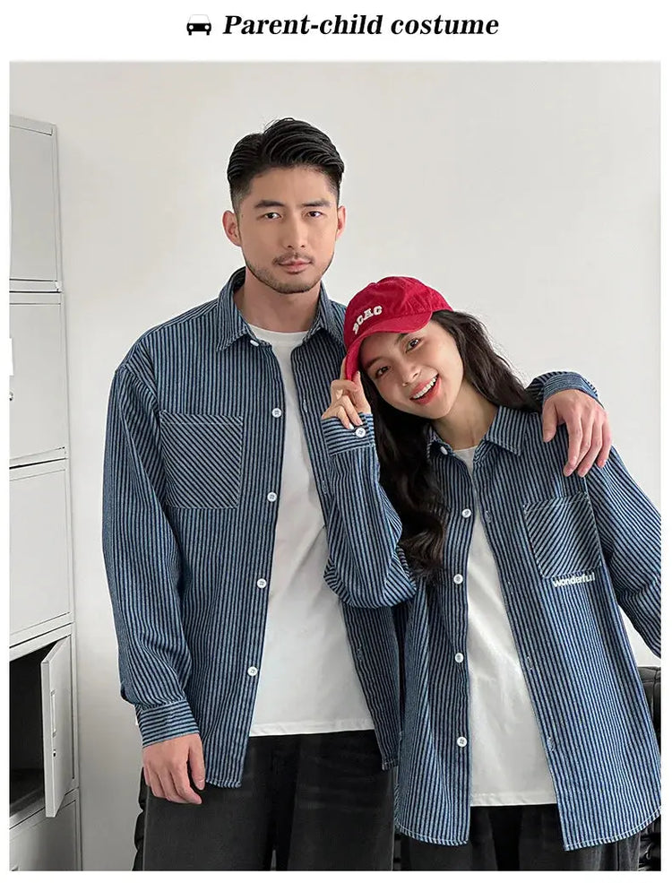 Family Cotton Denim Shirts Parent-child Fashion Clothes Mother and Daughter Jacket Korean Father and Son Same Stripe Coat Tops - Mein Shop
