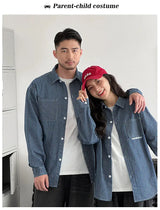 Family Cotton Denim Shirts Parent-child Fashion Clothes Mother and Daughter Jacket Korean Father and Son Same Stripe Coat Tops - Mein Shop