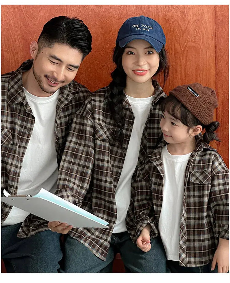 Equal Family Plaid Shirts Autumn Father Mother and Daughter Son Same Long Sleeve Tops Korean Vintage Parent-child Jacket Coat - Mein Shop