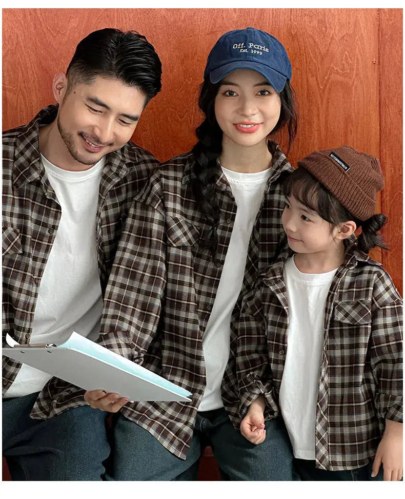 Equal Family Plaid Shirts Autumn Father Mother and Daughter Son Same Long Sleeve Tops Korean Vintage Parent-child Jacket Coat - Mein Shop
