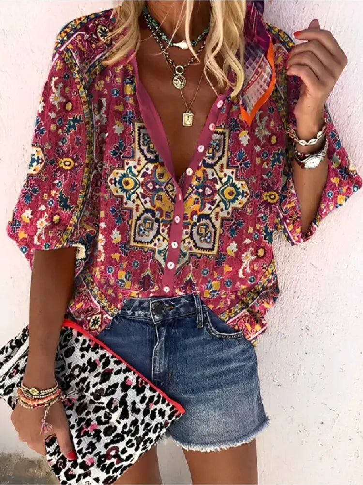 2024 New Women's Shirts & Blouses Fashion Vintage Printed Casual Vacation Bohemian Style Lady Single-breasted Shirt Streetwear - Mein Shop