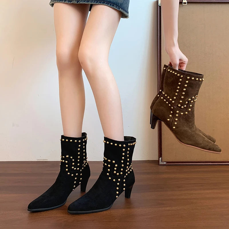 New Trend 2025 Autumn and Winter Rivet Fashion High Heel Chelsea Boots Pointed and Nude Boots High Heels Stiletto Western Boots