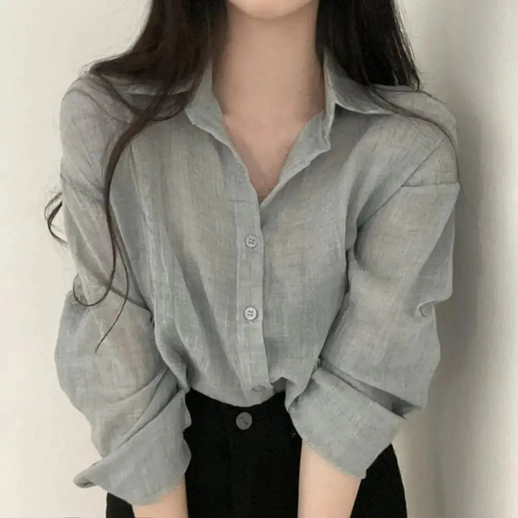Women Shirt Turn Down Collar Cardigan Shirt Women Solid Color Sun Shirt - Mein Shop