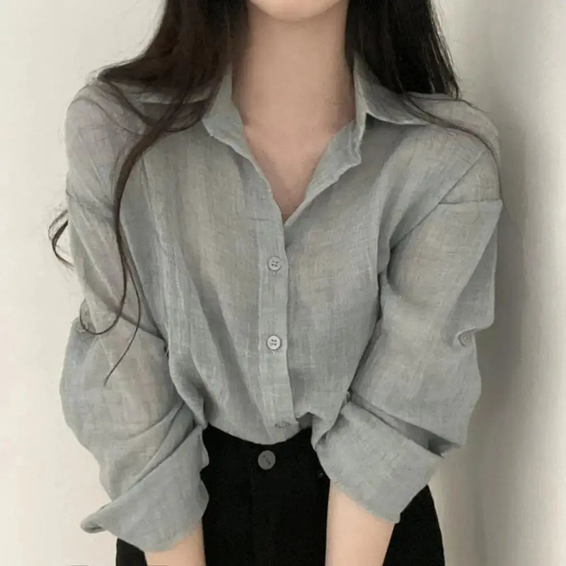 Women Shirt Turn Down Collar Cardigan Shirt Women Solid Color Sun Shirt - Mein Shop