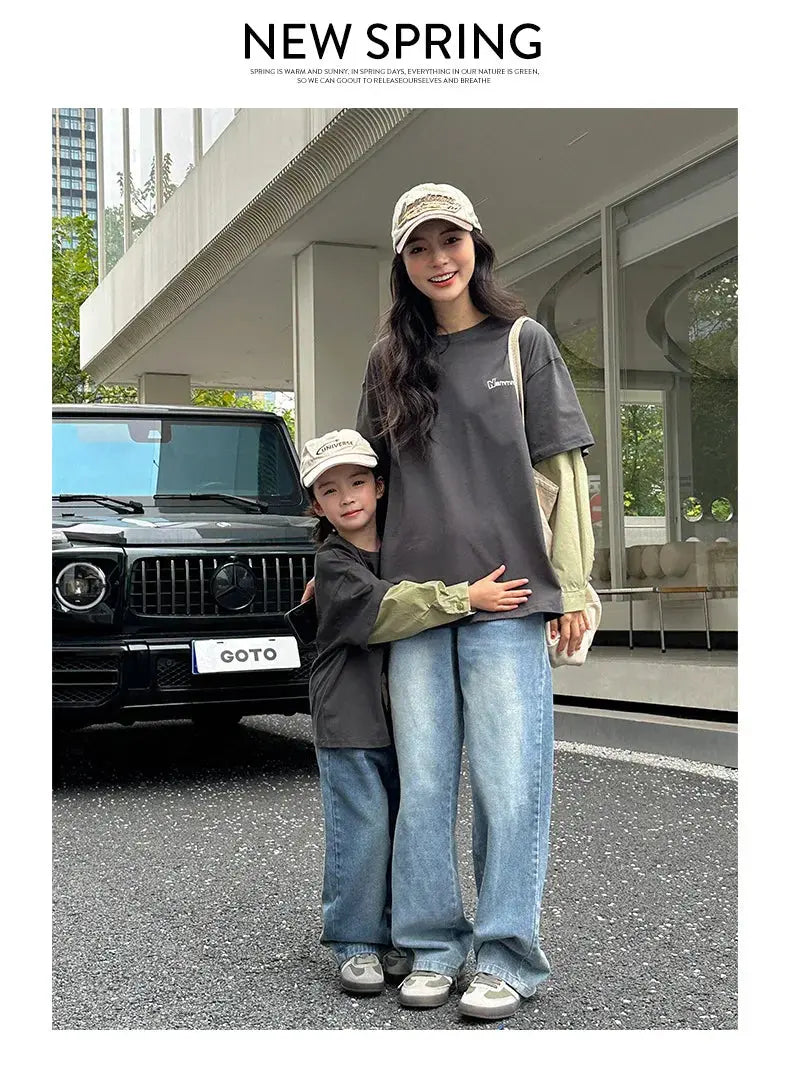 Fashion Family Long Sleeve T-shirt Parent-child Tee Korean Father Mother and Son Daughter Same Clothes Dad Mom and Baby Clothing - Mein Shop