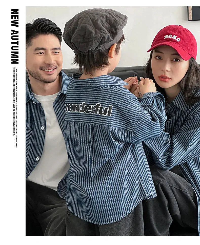 Family Cotton Denim Shirts Parent-child Fashion Clothes Mother and Daughter Jacket Korean Father and Son Same Stripe Coat Tops - Mein Shop