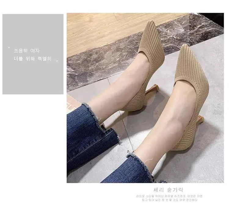 Comemore Comfortable Stilettos Dress Women's Shoes Spring 2023 Trend New Pointed High Heels Fashion Knitted Pumps Knitted Shoe