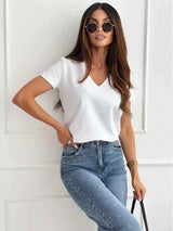 Women's Blouses T-shirt New Fashion Summer Pullover Tops White Short Sleeve Slim Fit V-Neck T-Shirt For Women Casual Clothing
