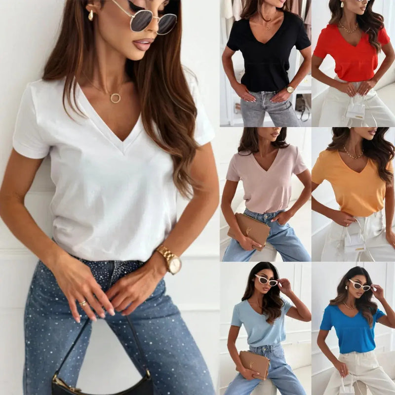 Women's Blouses T-shirt New Fashion Summer Pullover Tops White Short Sleeve Slim Fit V-Neck T-Shirt For Women Casual Clothing - Mein Shop