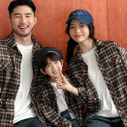 Equal Family Plaid Shirts Autumn Father Mother and Daughter Son Same Long Sleeve Tops Korean Vintage Parent-child Jacket Coat - Mein Shop
