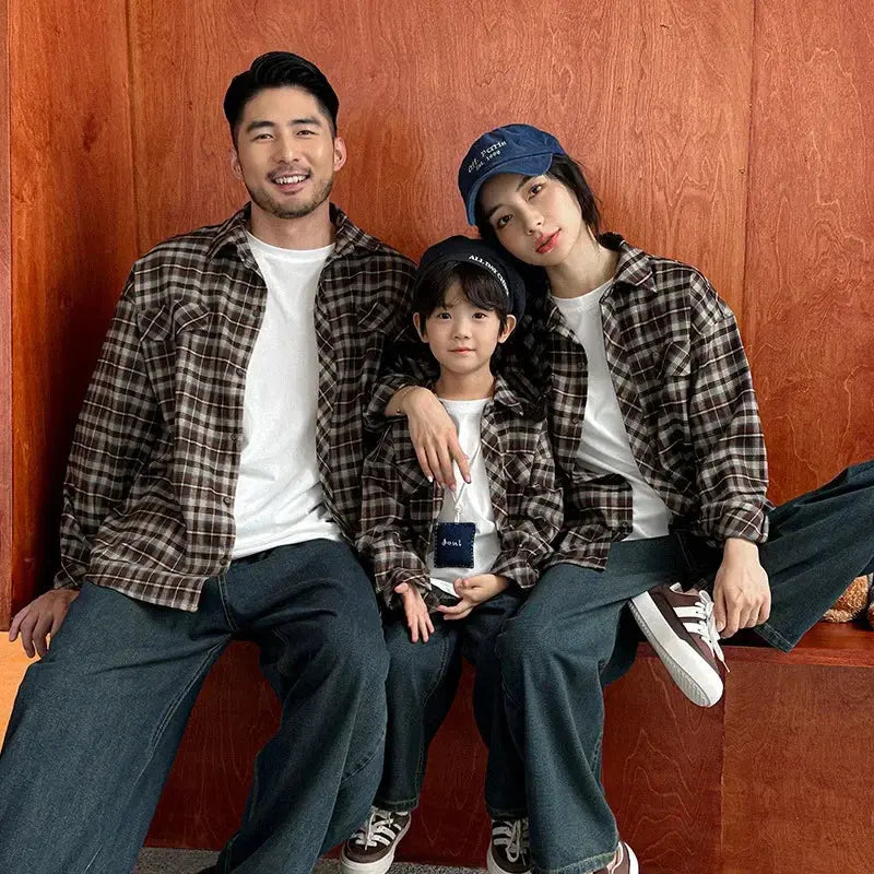 Equal Family Plaid Shirts Autumn Father Mother and Daughter Son Same Long Sleeve Tops Korean Vintage Parent-child Jacket Coat - Mein Shop