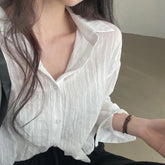 Women Shirt Turn Down Collar Cardigan Shirt Women Solid Color Sun Shirt - Mein Shop