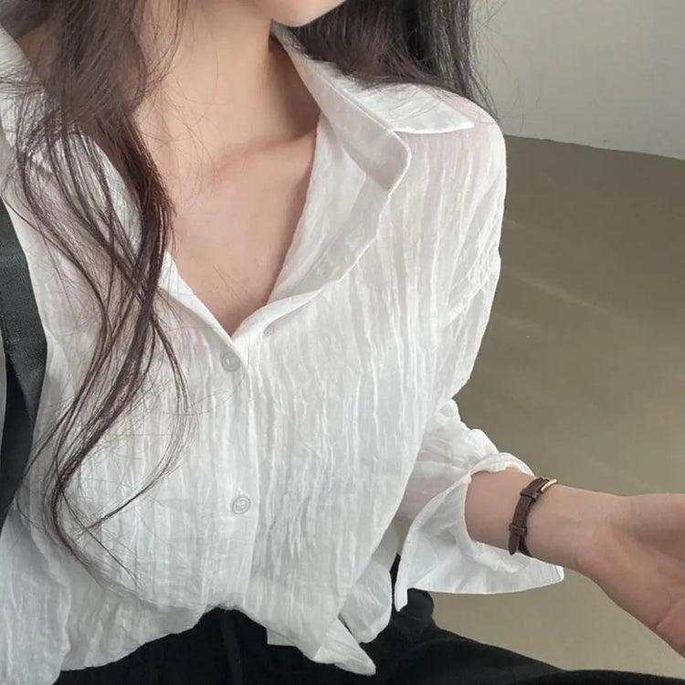 Women Shirt Turn Down Collar Cardigan Shirt Women Solid Color Sun Shirt - Mein Shop