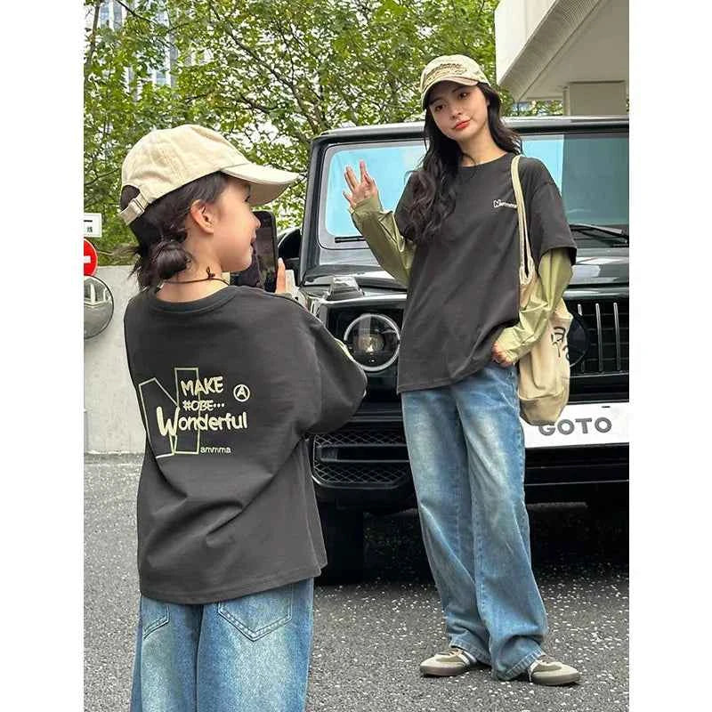 Fashion Family Long Sleeve T-shirt Parent-child Tee Korean Father Mother and Son Daughter Same Clothes Dad Mom and Baby Clothing