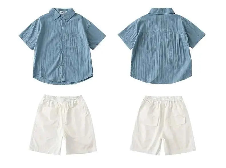 Family Matching Clothes for Brother Sister Mom Daughter Blue Dress Dad Son Clothing Korean Children Two Piece Set Couples Outfit