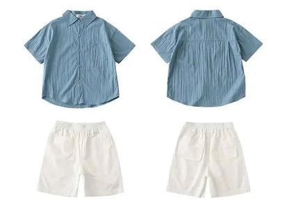 Family Matching Clothes for Brother Sister Mom Daughter Blue Dress Dad Son Clothing Korean Children Two Piece Set Couples Outfit