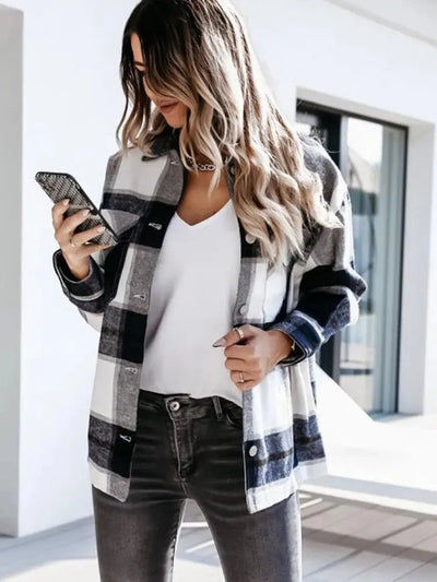Shirts For Women Plaid Long Sleeve Button Up Shirt Collared Tops And Blouse 2024 Autumn Spring Fashion Loose Casual Black White - Mein Shop