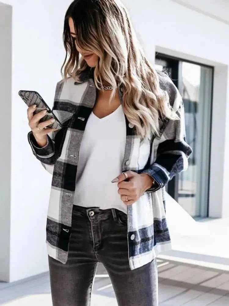 Shirts For Women Plaid Long Sleeve Button Up Shirt Collared Tops And Blouse 2024 Autumn Spring Fashion Loose Casual Black White