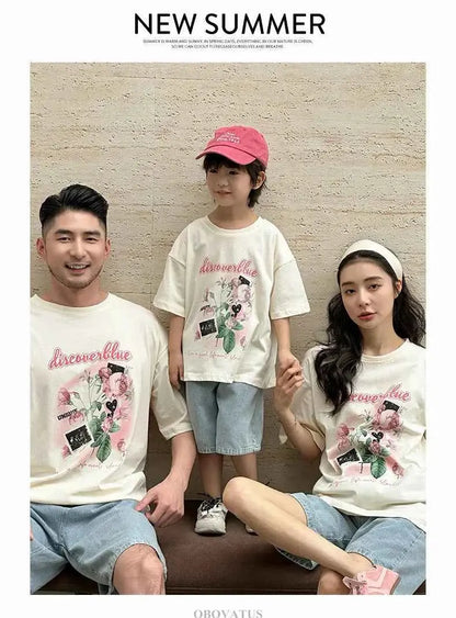 Family Matching Outfit Clothes Set For Summer Vacation Outerwear Beach Tshirt Shorts Clothing Suit Couple Kids Same Costume Wear