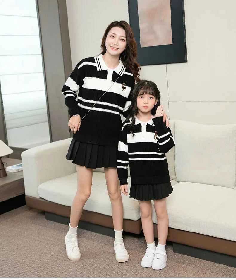 Sweater for The Whole Family Polo Knit Tops Fashion Mom and Daughter Child Girl Matching Jumper Dad and Son Baby Boy Knitwear