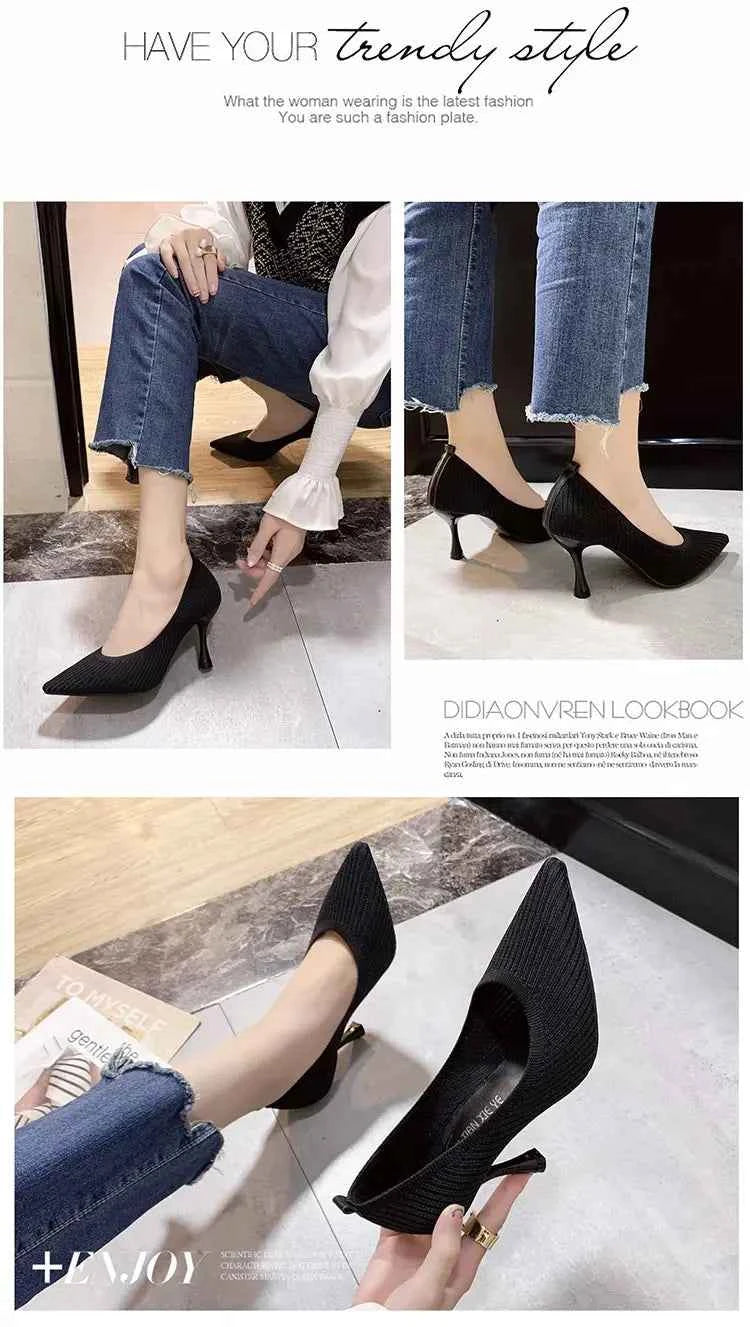 Comemore Comfortable Stilettos Dress Women's Shoes Spring 2023 Trend New Pointed High Heels Fashion Knitted Pumps Knitted Shoe