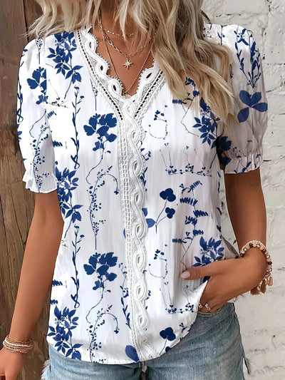 Women's Shirt Blouse Violets White Plain Lace Short Sleeve Casual Basic V Neck Regular Plus Size - Mein Shop
