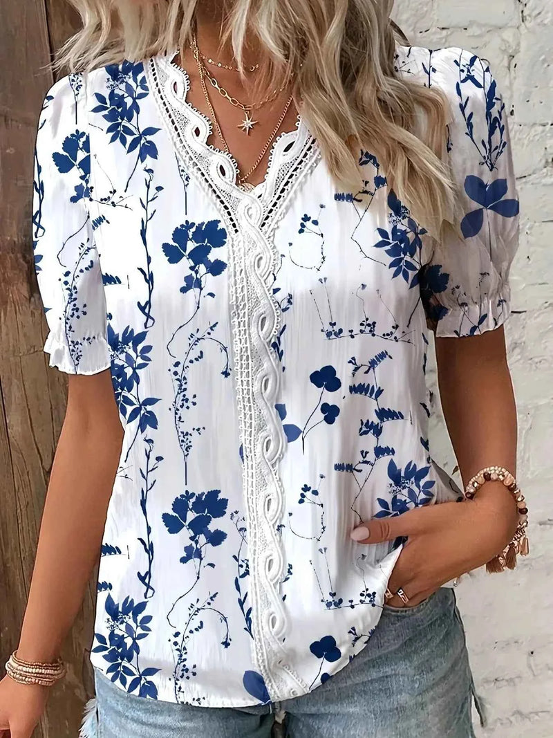 Women's Shirt Blouse  Violets White Plain Lace Short Sleeve Casual Basic V Neck Regular Plus Size