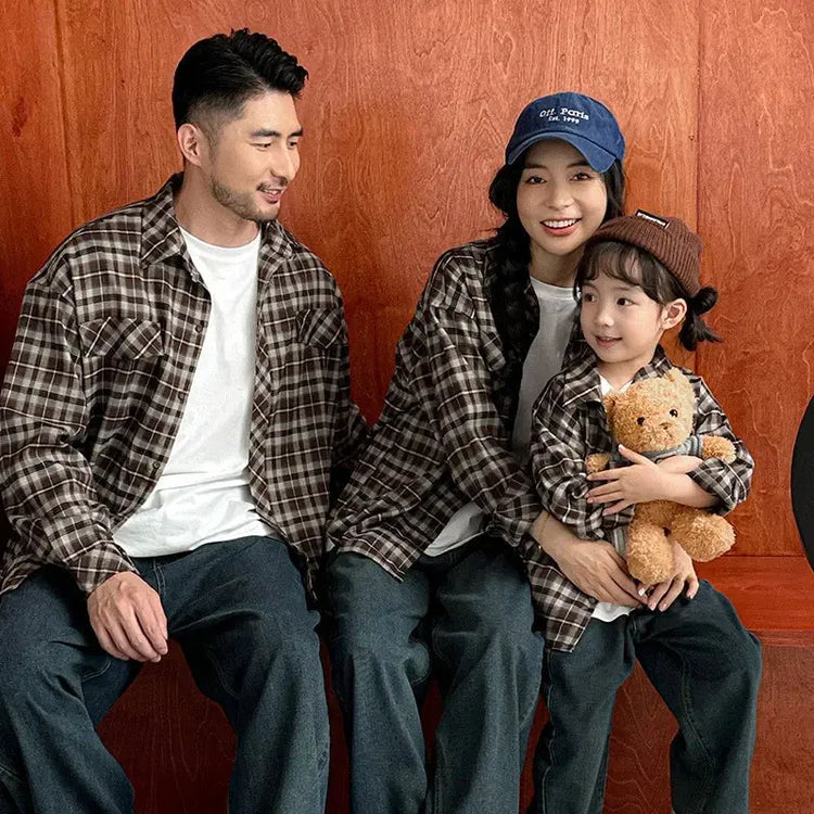 Equal Family Plaid Shirts Autumn Father Mother and Daughter Son Same Long Sleeve Tops Korean Vintage Parent-child Jacket Coat - Mein Shop