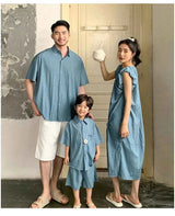 Family Matching Clothes for Brother Sister Mom Daughter Blue Dress Dad Son Clothing Korean Children Two Piece Set Couples Outfit