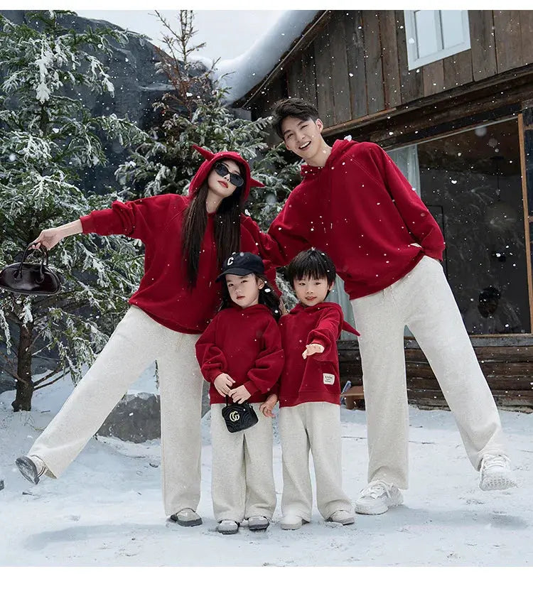 Funny Family Red Hoodies Ear Winter Warm Parent-child Clothes Dad Mom Daughter Son Matching Thick Hooded Sweatshirts Pants Sets - Mein Shop