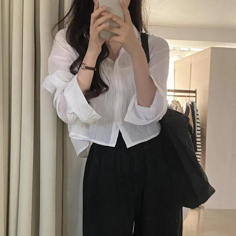 Women Shirt Turn Down Collar Cardigan Shirt Women Solid Color Sun Shirt - Mein Shop