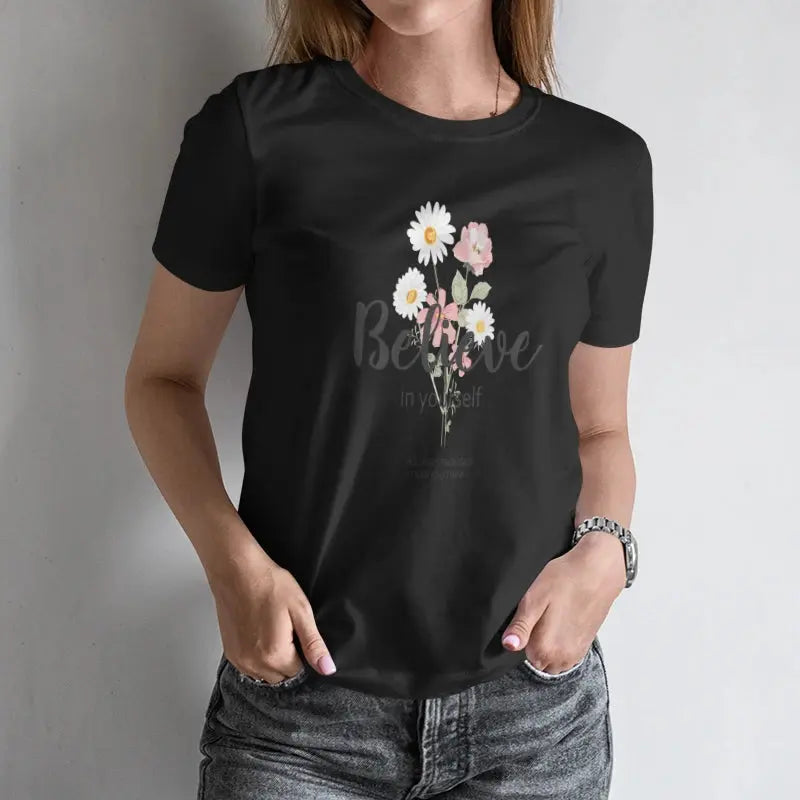 Women's Short-Sleeve T-Shirt Floral Inspirational Quote Print in Handwritten Style Ideal for Spring and Summer - Mein Shop