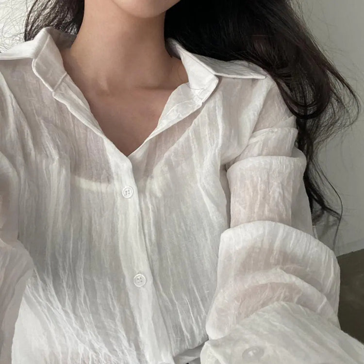 Women Shirt Turn Down Collar Cardigan Shirt Women Solid Color Sun Shirt - Mein Shop