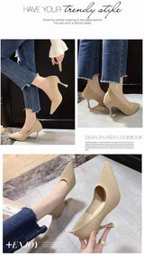 Comemore Comfortable Stilettos Dress Women's Shoes Spring 2023 Trend New Pointed High Heels Fashion Knitted Pumps Knitted Shoe
