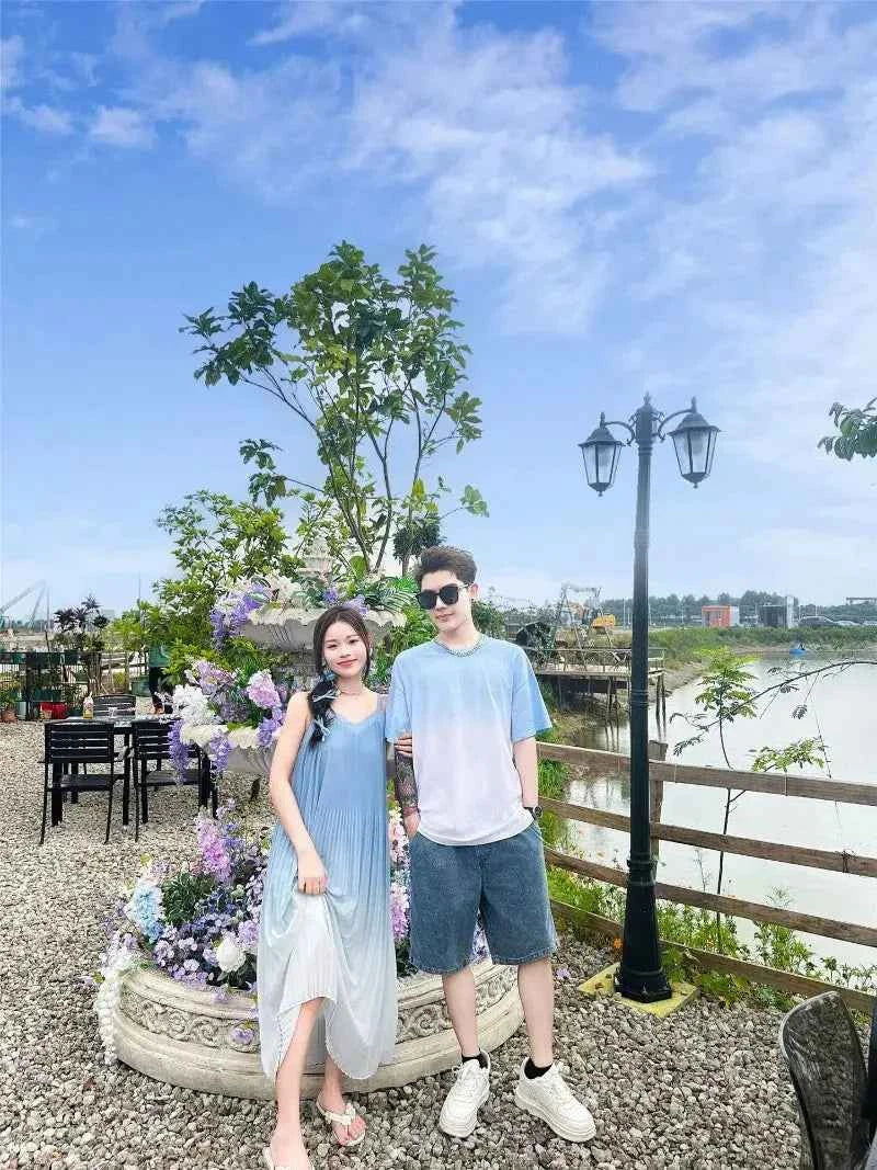Family Fashion Beach Mother Father and Girl Boy Blue Clothes Vacation Look Mom Daughter Holiday Dress Korean Dad Son T Shirts