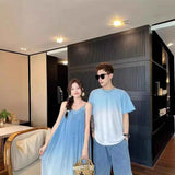 Family Fashion Beach Mother Father and Girl Boy Blue Clothes Vacation Look Mom Daughter Holiday Dress Korean Dad Son T Shirts